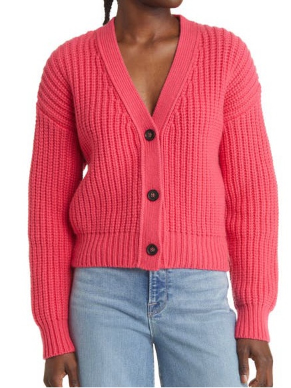 FRAME 70s Pop Rose Pink Wool Cropped Cardigan Chunky Button Front Sweater Sz M